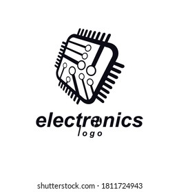 Futuristische cybernetische Regelung, Vektorschwarz-weißes Motherboard. Digitales Element, quadratische Schaltung. Logo des elektronischen Mikroprozessors.