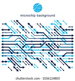 Futuristic cybernetic scheme, vector motherboard illustration. Digital element, circuit board. Technology innovation abstract background with arrows.