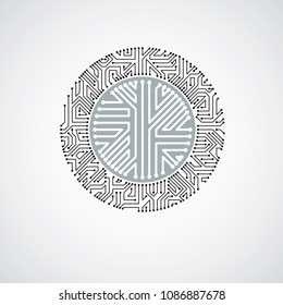 Futuristic cybernetic scheme, vector motherboard black and white illustration. Circular element with circuit board texture.