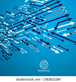 Futuristic cybernetic scheme, vector motherboard illustration. Digital element, circuit board. Technology innovation abstract background with arrows.