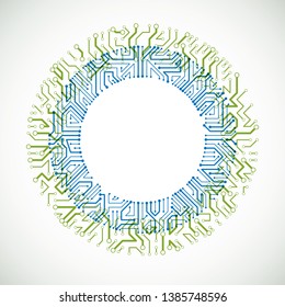 Futuristic cybernetic scheme, vector motherboard green and blue illustration. Circular element with circuit board texture.