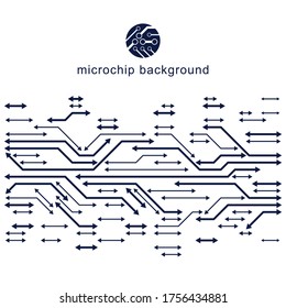 Futuristic cybernetic scheme, vector motherboard illustration. Digital element, circuit board. Technology innovation abstract background with arrows.