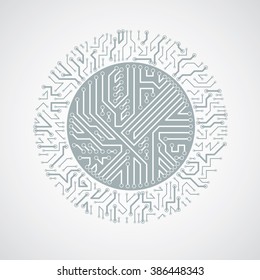 Futuristic cybernetic scheme, vector motherboard black and white illustration. Circular element with circuit board texture.