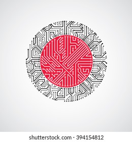 Futuristic cybernetic scheme, vector motherboard black and white illustration. Circular element with circuit board texture.