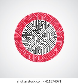 Futuristic cybernetic scheme, vector motherboard red illustration. Circular element with circuit board texture.