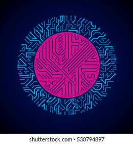 Futuristic cybernetic scheme, vector motherboard blue illustration with neon lights. Circular gleam element with circuit board texture.