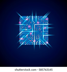 Futuristic cybernetic scheme, vector motherboard blue and magenta illustration with neon lights. Circular gleam element with circuit board texture.