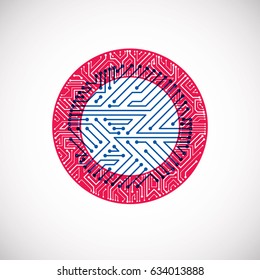 Futuristic cybernetic scheme, vector motherboard blue and red illustration. Circular element with circuit board texture.