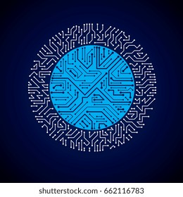 Futuristic cybernetic scheme, vector motherboard blue illustration with neon lights. Circular gleam element with circuit board texture.