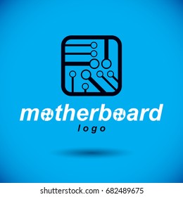 Futuristic cybernetic scheme, vector motherboard. Digital element, square circuit board. Electronic microprocessor logo.