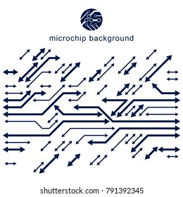 Futuristic cybernetic scheme, vector motherboard illustration. Digital element, circuit board. Technology innovation abstract background with arrows.