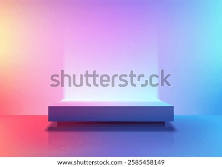 futuristic cyberpunk 3d concept featuring a softly illuminated platform with a vibrant gradient backdrop transitioning from warm yellow to cool blue, modern product displays and tech showcases