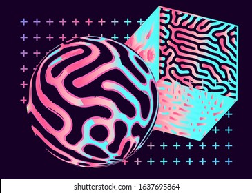 Futuristic cyberpunk background with geometric 3D shapes, sphere and cube with reaction-diffusion pattern.