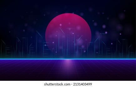 Futuristic cyberpunk background neon city. Sunset sun on surface retrowave cyber landscape with laser grid blue and purple glows. Vector EPS10 illustration.
