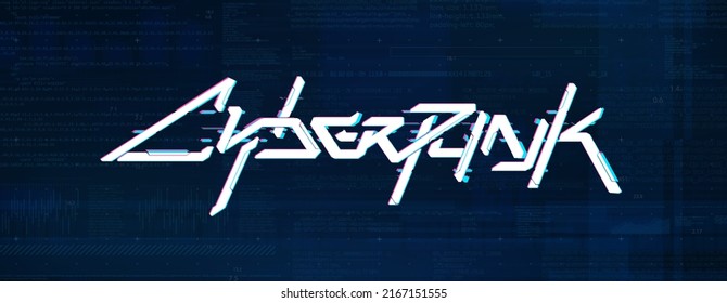 Futuristic Cyberpunk background on blue background with code. Cyberpunk lettering with glitch effect and Sci-fi style. System hacking by hackers and digital war concept. Futuristic blue vector banner