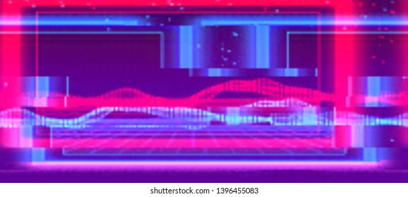 Futuristic cyberpunk background in a retro style of 80's. Colorful techno backdrop with glitch effect. Vector illustration of a distorted and pixelated surface.