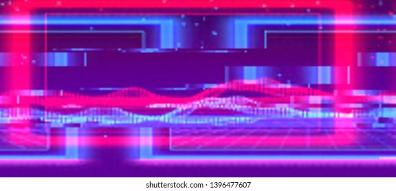 Futuro fondo ciberpunk en un estilo retro de los años 80. Colorido fondo tecno con efecto de destello. Ilustración vectorial de una superficie distorsionada y pixelada.