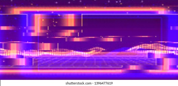Futuristic cyberpunk background in a retro style of 80's. Colorful techno backdrop with glitch effect. Vector illustration of a distorted and pixelated surface.
