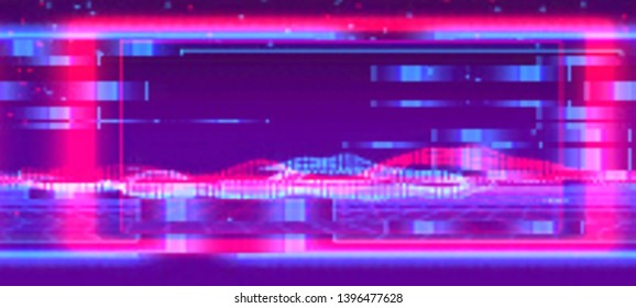 Futuristic cyberpunk background in a retro style of 80's. Colorful techno backdrop with glitch effect. Vector illustration of a distorted and pixelated surface.
