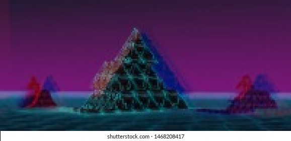 Futuristic cyberpunk background in a retro style of 80's. Colorful techno backdrop with glitch effect. Vector illustration of a distorted and pixelated surface.