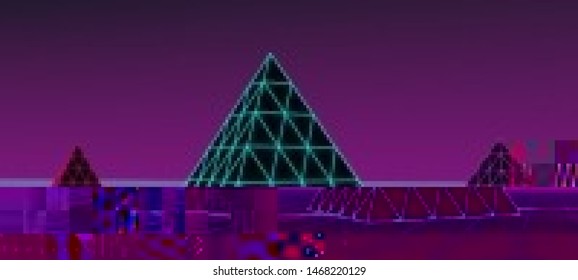 Futuristic cyberpunk background in a retro style of 80's. Colorful techno backdrop with glitch effect. Distorted and pixelated surface. The image format is suitable for printing on a mug.