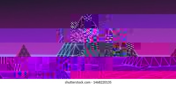 Futuristic cyberpunk background in a retro style of 80's. Colorful techno backdrop with glitch effect. Distorted and pixelated surface. The image format is suitable for printing on a mug.