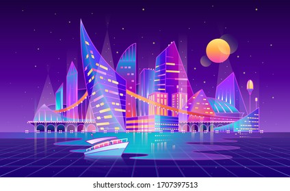 Futuristic cyberpunk cityscape. Modern city on water in night, boat in foreground, grid. Retrowave concept of music, digital technology, VR