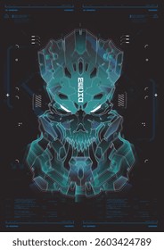 Futuristic cyberpunk flyer with a mecha robot face, hacking themes, and sleek HUD elements. Ideal for web and print.
