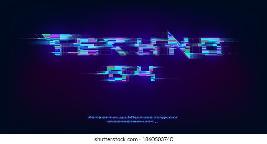Futuristic cyberpunk glitch font. Modern English glowing alphabet with distortion effect. Good for design promo electronic music events, game titles, banner, web. Vector
