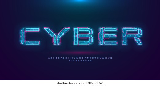 Futuristic Cyberpunk Hologram Font. Modern English Alphabet With Blue Hud Neon Effect And Pink Printed Circuit Board. Good For Design Promo Electronic Music Events And Game Titles. Vector