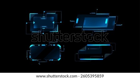 Futuristic cyberpunk HUD elements collection - neon blue glowing frames, shapes, digital callout titles on dark background. Sci fi game ui, virtual reality interface, dashboard display vector design.