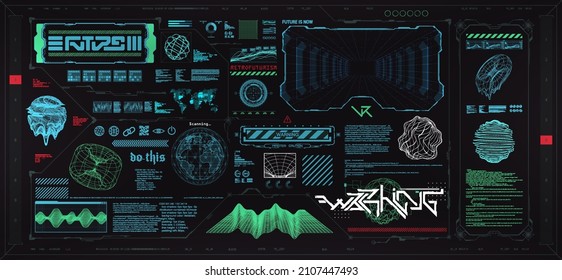 Futuristic cyberpunk HUD elements template set. Future and digital shapes box - frames, digital lettering, HUD elements, info bars. Retro futuristic concept. Sci-fi, FUI, cyberpunk graphic set. Vector