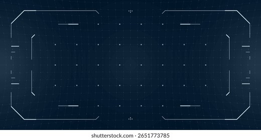Sobreposição de HUD ciberpunk futurista com retículo alvo brilhante, efeitos de falha e quadro digital. A interface tática combina elementos de VR, cam de drone e sci fi em um plano de fundo azul de tecnologia.