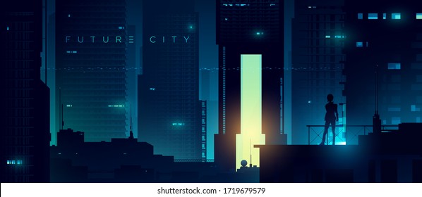 Futuristic cyberpunk illustration. Neon city background. Woman on the background of the shining metropolis