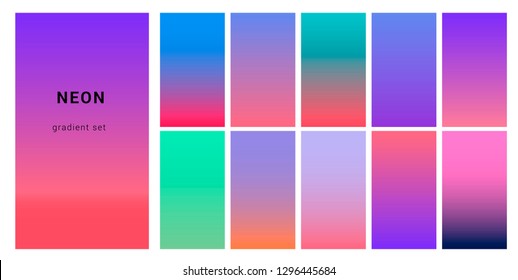 Futuristic cyberpunk neon palette, gradient swatches for design. Trendy pastel colors: purple, blue, and pink duotone gradients, retrowave 80s-90s aesthetics.