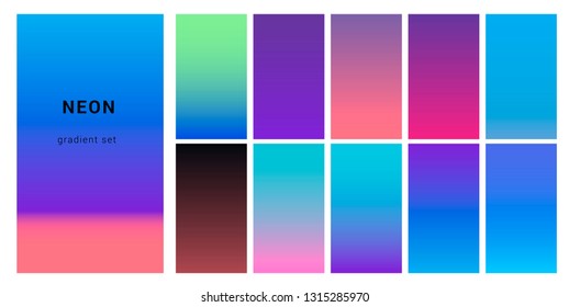 Futuristic cyberpunk neon palette, gradient swatches for design. Trendy pastel colors: purple, blue, and pink duotone gradients, retrowave 80s-90s aesthetics.