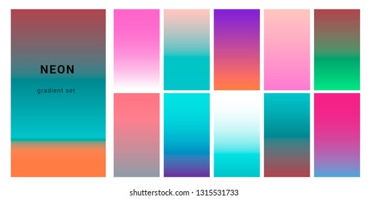 Futuristic cyberpunk neon palette, gradient swatches for design. Trendy pastel colors: purple, blue, and pink duotone gradients, retrowave 80s-90s aesthetics.