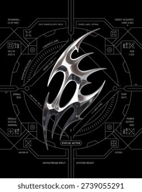 Futuristic cyberpunk poster featuring a chrome liquid metal neo-tribal emblem and HUD interface elements on a dark background. Ideal for techno music covers and sci-fi aesthetic layouts