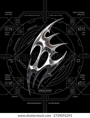 Futuristic cyberpunk poster featuring a chrome liquid metal neo-tribal emblem and HUD interface elements on a dark background. Ideal for techno music covers and sci-fi aesthetic layouts