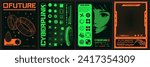 Futuristic and Cyberpunk Poster. Retrofuturistic posters with cute anime girls, hi-tech, y2k geometric shapes. Set of four stylized posters futuristic and cyberpunk themes in vibrant orange and green.