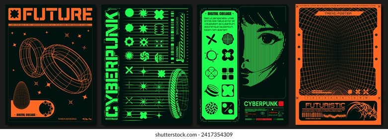 Futuristic and Cyberpunk Poster. Retrofuturistic posters with cute anime girls, hi-tech, y2k geometric shapes. Set of four stylized posters futuristic and cyberpunk themes in vibrant orange and green.