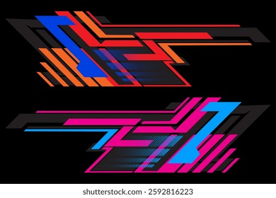 Futuristic Cyberpunk Racing Stripes Car Decal Design, geometric patterns in vibrant red, orange, blue, pink, and black