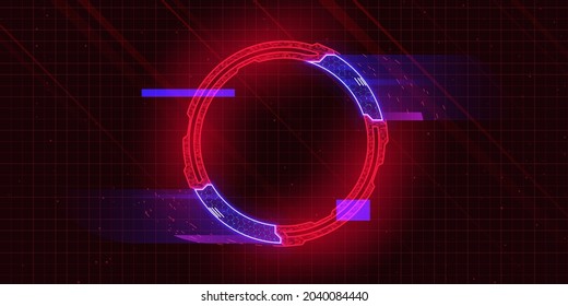 Futuristic cyberpunk style circle with glitch effect. Circle with red cyberpunk elements and blue hud neon hologram effect. Good for design banners, electronic music events, game titles. Vector