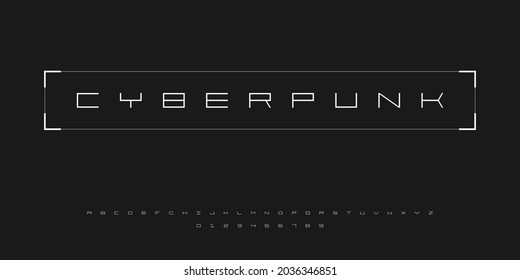 Futuristic cyberpunk style font. English alphabet and numbers in cyberpunk tech style. Good for design banners, electronic music events, game titles. Vector HUD font.