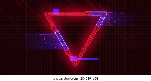 Futuristic cyberpunk style triangle with glitch effect. Triangle with red cyberpunk elements and blue hud neon hologram effect. Good for design banners, electronic music events, game titles. Vector