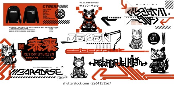 Futuristic cyberpunk t-shirt, merch, streetwear design. Cyber Maneki-neko, japanese symbols and digital lettering. Streetwear graphic. Translation from Japanese - paradise, cyberpunk, future is now