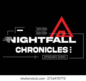Futuristic cyberpunk typography design featuring "Nightfall Chronicles" with geometric accents, a red delta symbol, and tech-inspired line art on a black background. Ideal for gaming posters, electronic music covers, or urban streetwear graphics.