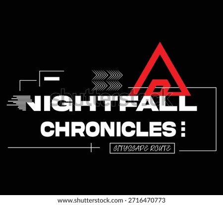 Futuristic cyberpunk typography design featuring "Nightfall Chronicles" with geometric accents, a red delta symbol, and tech-inspired line art on a black background. Ideal for gaming posters, electronic music covers, or urban streetwear graphics.