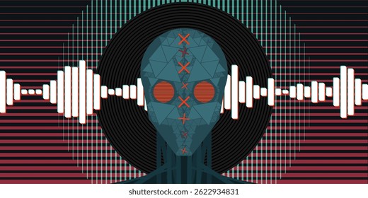 Ilustração vetorial ciberpunk futurista com cabeça robótica abstrata, padrões de ondas sonoras, cores neon, formas geométricas, efeito de falha e vibrações de ondas sintéticas de ficção científica, perfeito para projetos de arte digital.