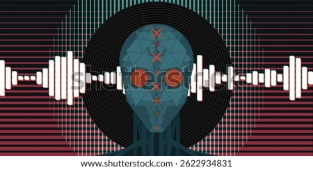 Futuristic cyberpunk vector illustration with abstract robotic head, soundwave patterns, neon colors, geometric shapes, glitch effect, and sci-fi synthwave vibes, perfect for digital art projects.